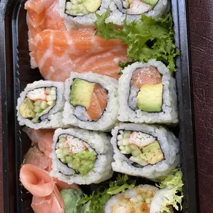 Salmon Avocado, Shrimp Tempura Roll, Fatty Salmon, California rolls This is what we had left... so much food!