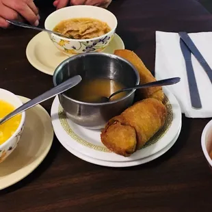 Egg drop soup and egg rolls. The soup was perfectly seasoned. Quite possibly the best egg drop soup I've ever had.