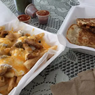 Mix chicken and carne asada quesadilla and fries