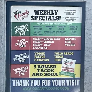Weekly specials menu