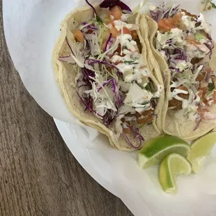 Fish tacos. The tortillas are regular size so no mini tocos here.