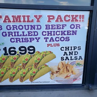 a family pack and ground beef or grilled chicken crispy tacos