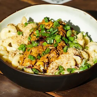 Grown Up Mac &amp; Cheese: bacon, jalapeno, scallion, garlic breadcrumbs

Add: Crispy Carnitas / boneless roast chicken / slow roasted tri tip