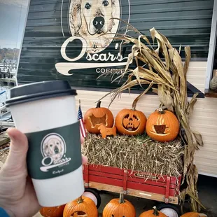 Festive Halloween decorations at this vintage-inspired coffee stand. Try one of their fall specials!