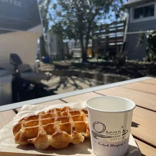 Yummy, warm, sugary liege waffle  &amp; espresso shot