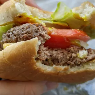 Cheeseburger with lettuce, tomato, onion, pickles. Tasty patty, but just OK overall.