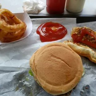 Burger, dog, onion rings. Was not particularly impressed with the size of things.