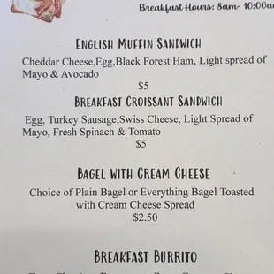 Breakfast menu