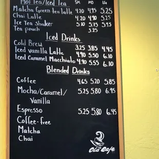 Coffee and tea menu