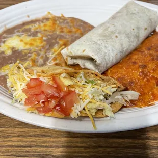 Shredded Beef Hard Taco, Cheese Enchilada,, and chile verde burrito combo