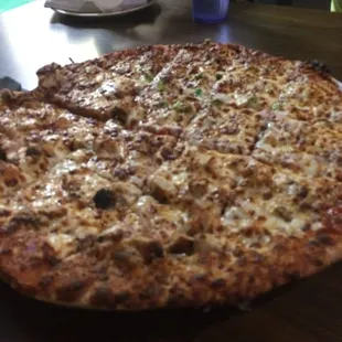1/2 Big O Pizza, 1/2 BBQ Chicken Pizza. Not pictured: Char-Buff wings