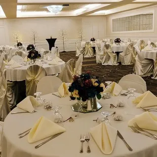 a banquet room set up for a formal event