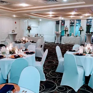 a banquet room set up for a formal event