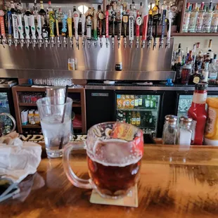 a glass of beer on the bar