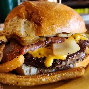 BYO with fried onions, bacon, and American cheese.