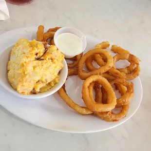 Cheesy potatoes, housemade onion rings, homemade ranch.