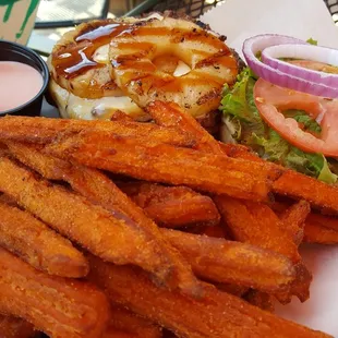 Hawaiian burger with sweet potato fries!
