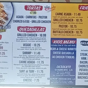 Nachos, quesadillas, fries, and breakfast menu.