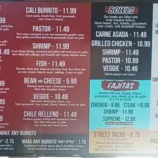 Burrito and fajita menu.