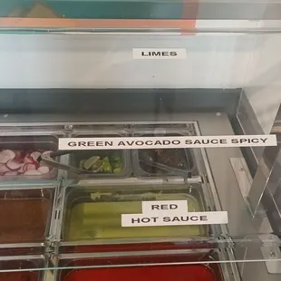 Salsa bar close-up.