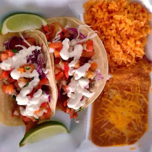 Combo#2 - Two tacos with rice and beans. I had mine with fish tacos.