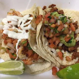 Shrimp taco ($2.45) &amp; pork pastor taco ($2.45)