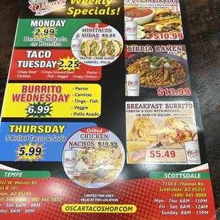 Weekly special menu.