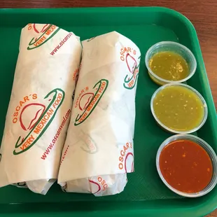 Two mini Cali burritos and all the salsas