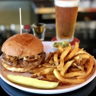 Winner's Burger with Fries, a beer, and a Shot of Whiskey.