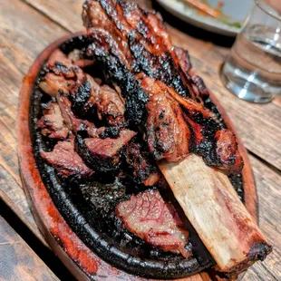 a plate of meat on a wooden table