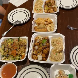 Cashew chicken, 2 orders general chicken, egg rolls and crab Rangoon, noodles and spicy crab roll