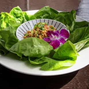 Wok-fried minced chicken with lava sauce red onion, cilantro, mint, lemongrass, served with butter lettuce.