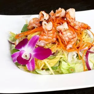 Mango Salad - Grilled prawns, sliced fresh mango, red and green onions, mint, cilantro, and cashew nuts in spicy lemongrass sauce.
