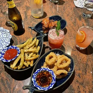 Calamari, pesto fries, wings; happy hour!
