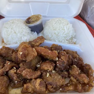 chicken and rice in a styrofoam container