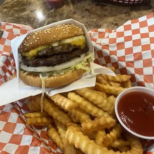 a hamburger and fries