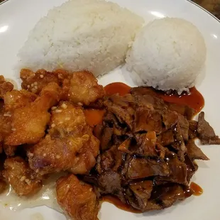 Honey garlic chicken with beef teriyaki and all rice, no salad.