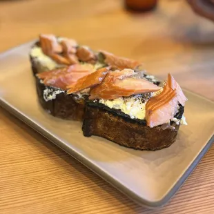 Smoked Trout Toast, fresh cheese, nasturtium caper, sesame &amp; poppy