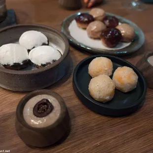 Desserts, including rice balls and mini donuts that I still have mixed feelings about.