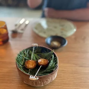 Rabbit on skewers with an incredible caviar sauce