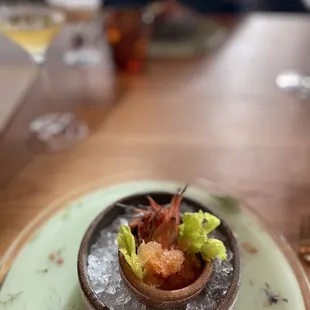 Spot prawns with cocktail sauce granita