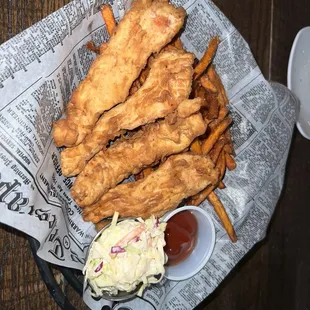 Yaya&apos;s Fried Chicken , with sweet potato, fries, and coleslaw - delicious!