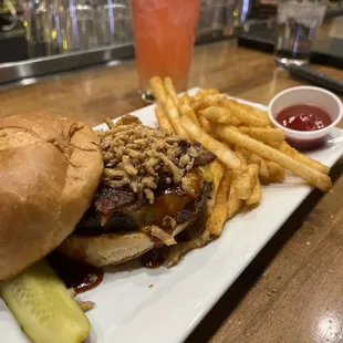 Barbecue Hamburger, fries and a Colorado 75 (a summer drink, not on menu now but can order)
