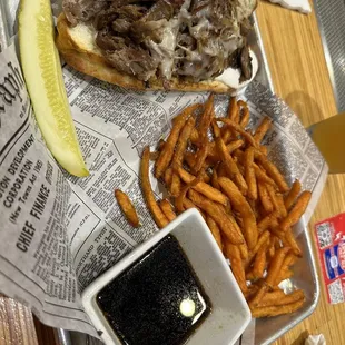 Prime Rib Sandwich with sweet potato fries