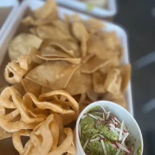 Duros and chips with guacamole. Guac is just average
