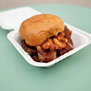 The Rancher smash burger w/ tri tip and smoked mac