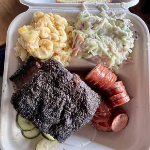 2 meat 2 side plate, beef ribs, jalapeño cheddar sausage, coleslaw, and smoked mac