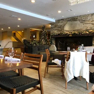 a restaurant with a fireplace