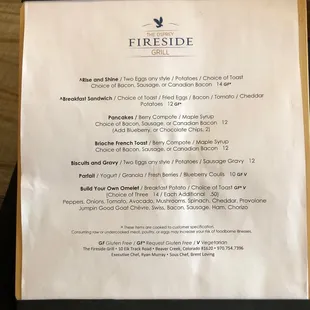 Breakfast menu