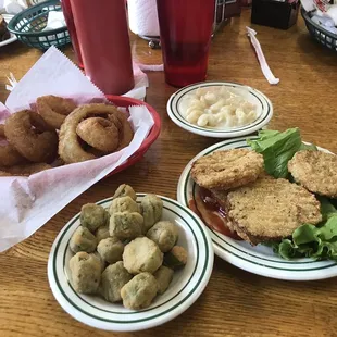 Onion rings, Mac and cheese, fried green tomatoes, fried okra